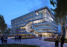 an artist's rendering of the exterior of a modern office building at dusk with people walking around