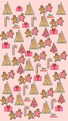 a pink background with gingerbreads and christmas trees