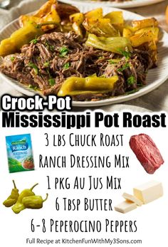 an advertisement for crock pot roast with potatoes and green peppers on the side,