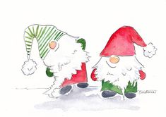 two santa clauses are standing next to each other, one is wearing a green and white striped hat