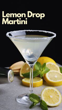 the lemon drop martini is garnished with mint