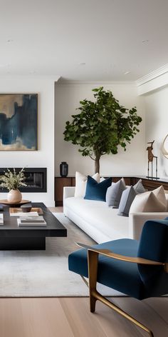 a living room filled with furniture and a large painting on the wall above it's fireplace