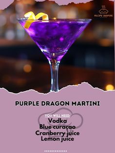 Ingredients:\nVodka 2 oz\nBlue cura\xc3\xa7ao 1/2 oz\nCranberry juice 1 oz\nLemon juice 1/2 oz\nIce as needed\nLemon twist for garnish\nInstructions:\nFill a shaker with ice.\nAdd vodka, blue cura\xc3\xa7ao, cranberry juice, and lemon juice.\nShake well and strain into a martini glass.\nGarnish with a lemon twist.\n#MysticalMartinis #ElegantEvenings Purple Lemon Drop Martini, Purple Dragon Martini, Hobbit Recipes, Purple Martini, Unique Alcoholic Drinks, Bartender Drinks Recipes, Vodka Blue, Martini Ingredients, Glass Garnish