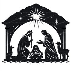 the birth of jesus in black and white with an image of mary, joseph and baby jesus