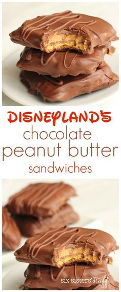 chocolate peanut butter sandwiches on a plate with the words disneyland's chocolate peanut butter sandwiches