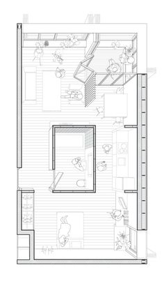 an overhead view of a living room and dining area in a house, with the floor plan