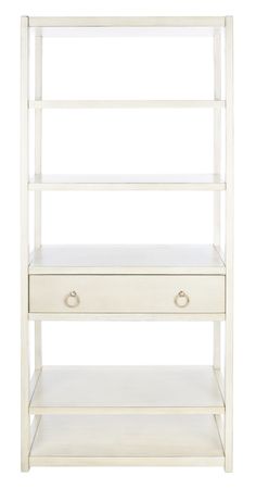 This Johni Etagere beautifully revitalizes classic campaign style for today’s contemporary cool interiors. Crafted of acacia wood in an antique white finish, Johni boasts five shelves for ample display, while its one drawer allows for discreet storage. Two gold pulls give a touch of glamour to the timeless silhouette. Safavieh Johni Antique White Wood 5-Shelf Bookcase (32-in W x 70-in H x 18-in D) Rubber | ETG9200B Cool Interiors, Gold Pulls, Safavieh Furniture, Decorative Shelving, 5 Shelf Bookcase, Etagere Bookcase, Bookcase Shelves, Bookcase Storage, Burke Decor