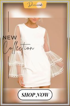 Women Elegant Lace Mesh Stitching Flare Sleeve Dress Fashion Simple Solid O-neck Dresses Sexy Loose Banquet Mini Dress Vestidos White V-neck Dress With Splicing, Bodycon Mini Dress With Lace Sleeves, Elegant White Mini Dress With Splicing, Lace Patchwork Mini Dress, Fitted Mini Dress With Lace Patchwork For Brunch, Fitted White Mini Dress With Splicing, Summer Long Sleeve Bodycon Dress With Mesh Sleeves, Sheer Sleeves Mini Dress For Summer, Stretch Mini Dress With Lace Patchwork