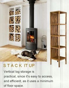 a wood burning stove sitting next to a book shelf filled with firewood and an advertisement for stack it up