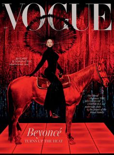 a woman standing on top of a horse next to a red background with the words,'voque '