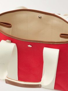 RUE DE VERNEUIL St Paul Traversée medium leather- and webbing-trimmed canvas tote Classic Red Bags With Leather Trim, Red Leather Trim Shopping Bag, Red Shopping Bag With Leather Trim, Red Leather Trim Bag For Shopping, Water Bottle Bag, Phone Water, Eyewear Shop, Red Canvas, Raffia Bag