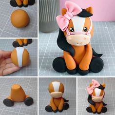 several pictures of different types of toy horses with bows on their heads and tails, sitting next to each other