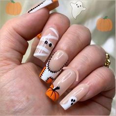 Mummy French Tip Nails, Patch Work Nail Art, Medium Square Halloween Nails, Patch Nail Art, Halloween Nails Pumpkin Design, Halloween French Tip Nails Square, Pumpkin Ghost Nails, Ghost And Pumpkin Nails, Mummy Halloween Nails