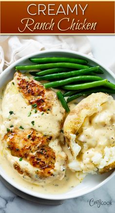 chicken breast, baked potatoes, and green beans with a creamy ranch sauce. Zesty Ranch Chicken, Over Recipes Dinners, Dinner Recipes No Red Meat, Healthy Dinners Under 30 Minutes, Ranch Powder Chicken, Ranch Recipes Meals, Chicken Recipes With Ranch Seasoning, Dinner With Kids Ideas, Ranch Powder Recipe Meals