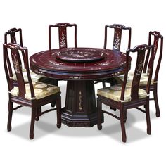 48in Rosewood Mother of Pearl Design Round Dining Table with 6 Chairs.This classic rosewood round dining table is laced with hand-carved grape vine design along the edge. Dark cherry finish. Oriental Rosewood dining set. Chinese Dining Table, Rosewood Furniture, Round Wooden Dining Table, Modern Rustic Furniture, Round Dining Room Table, Face Flower, Round Dining Table Sets, Asian Furniture, Round Dining Set