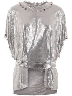 silver-tone aluminium metallic mesh crew neck stud embellishment belted waist rear button fastening short sleeves layered hem Belted Top, Metallic Mesh, Belt Top, Chanel 2, City Dress, Iconic Bags, Demi Fine Jewelry, Summer Beach Wear, Paco Rabanne