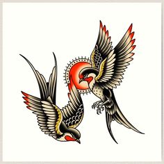 two birds flying next to each other on a white background with red and yellow accents