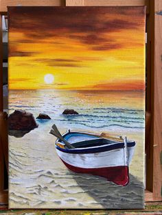 an acrylic painting of a boat on the beach with sunset in the background