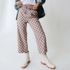 Audrey Wide Leg Pants, Brown Checkers Albion Fit Swim, Albion Fit Swimsuit, Pattern Magic, Albion Fit, Checkered Pants, Maternity Swimsuit, Pants Brown, Swim Skirt, Lovely Things