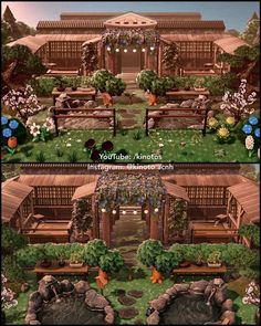 two different views of the same house in animal crossing, one with flowers on it