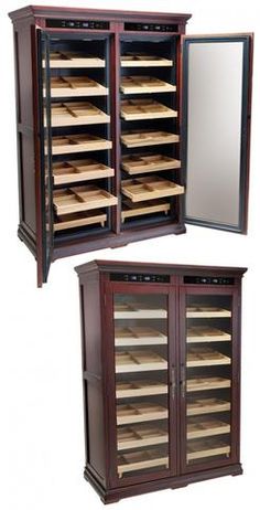 two wooden cabinets with mirrored doors and shelves