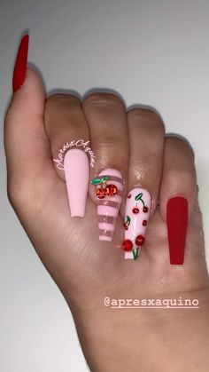 Sweet Nail Art, Cherries Nails Designs, Pink And Cherry Nails, Cherry And Heart Nails, Cherry Art Nails, Nail Designs With Cherries, Pink And Red Cherry Nails, Cheery Nail Designs, Cherry Nail Designs Summer