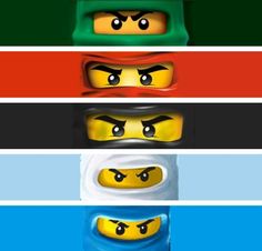 four legos with different colors and eyes