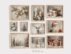 christmas paintings are hung on the wall in front of a white background with snowman, deer and presents