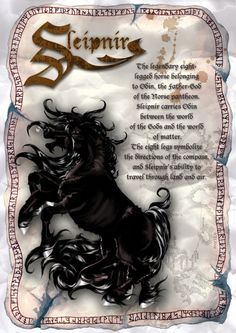 a black horse with long manes on it's back and the words sempria written in gold