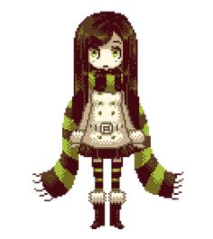 a pixel art girl with long hair wearing a green and white striped dress, standing in front of a white background