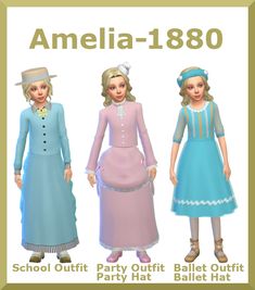 three girls in dresses and hats are standing next to each other, with the words ameli