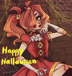 a drawing of a woman dressed in red and yellow with the words happy halloween on it