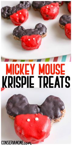 mickey mouse krispie treats on a white plate with red and black frosting in the middle