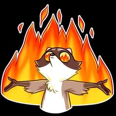 a racoon is standing in front of a fire with its arms outstretched and eyes closed