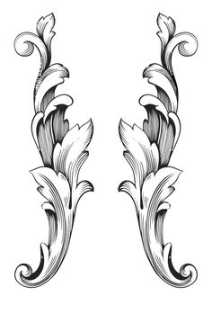 an ornate design in black and white on a white background, with swirly leaves