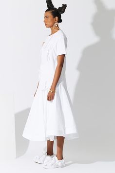 White cotton circular flare skirt with princess panelled waistband and horse hair attached to the hemline. - Aza Fashions Panelled Skirt, Paneled Skirt, Skirt For Women, Fashion App, Horse Hair, Flare Skirt, Aza Fashion, White Cotton, Womens Skirt