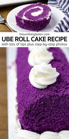 a purple cake with white frosting on top