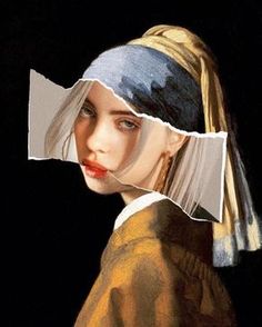 a painting of a girl with a pearled ear and torn paper covering her face