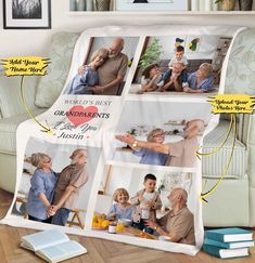 a blanket with pictures of older people on it and the words, world's best grandparents