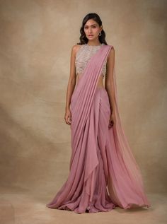 Ridhi Mehra - Onion Pink Embroidered Drape Saree - INDIASPOPUP.COM Onion Pink, Drape Sarees, Ridhi Mehra, Scalloped Blouse, Stitched Saree, Saree And Blouse, Overall Outfit, Embroidered Crop Tops, Drape Saree