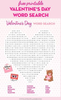 a valentine's day word search with teddy bear and heart shaped box on it