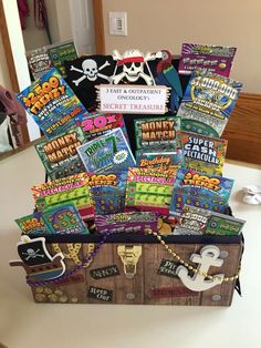 a trunk filled with lots of books on top of a table