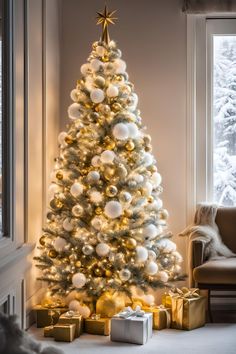 a white christmas tree with gold and silver ornaments