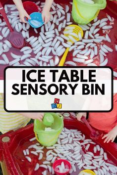 an ice table filled with lots of white snowballs and plastic spoons for kids to play in