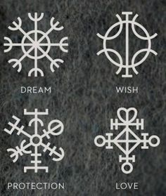 four symbols with the words dream, wish, protection and love written in white on a black background