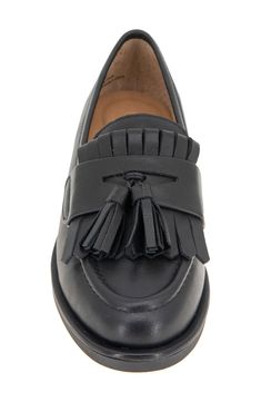 Decorative tassels and kiltie fringe enrich the instep of a sophisticated penny loafer grounded by a cushioned insole for optimal comfort. Memory foam cushioning Removable, PORON®-cushioned insole with arch support Leather or genuine-calf-hair upper/leather lining/rubber sole Imported Elegant Fringe Tassel Loafers For Formal Occasions, Elegant Formal Tassel Loafers With Fringe, Leather Tassel Loafers With Fringe For Work, Fall Tassel Loafers For Workwear, Fall Tassel Loafers For Work, Women's Loafers, Semi-formal Calf Leather Tassel Loafers With Rubber Sole, Luxury Semi-formal Tassel Loafers With Rubber Sole, Black Classic Slip-on Tassel Loafers