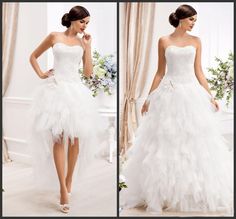 two pictures of a woman in a white wedding dress, one is wearing a strapless top and the other has a ruffled skirt