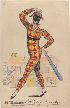 a drawing of a man dressed as a clown holding a baseball bat in his right hand