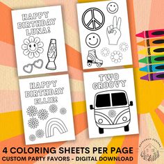 four coloring sheets with the words happy birthday, two crayons and one bus