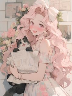 a girl with pink hair holding a black and white cat in her arms while wearing a dress